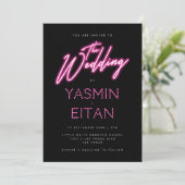 Moderne Neon Lights Hot Pink Black Wedding Kaart (Staand voorkant)