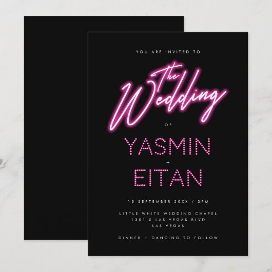Moderne Neon Lights Hot Pink Black Wedding Kaart (Voorkant / Achterkant)