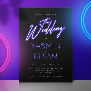 Moderne Neon Lights Paarse Black Wedding Kaart