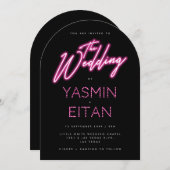 Moderne Neon Lights Roze Black Arch Wedding Kaart (Voorkant / Achterkant)