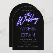 Moderne Neon Paarse Glow Black Arch Wedding Kaart (Voorkant / Achterkant)
