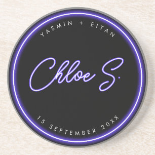 Moderne Neon Paarse Script Naam Trouwgunst Zandsteen Onderzetter
