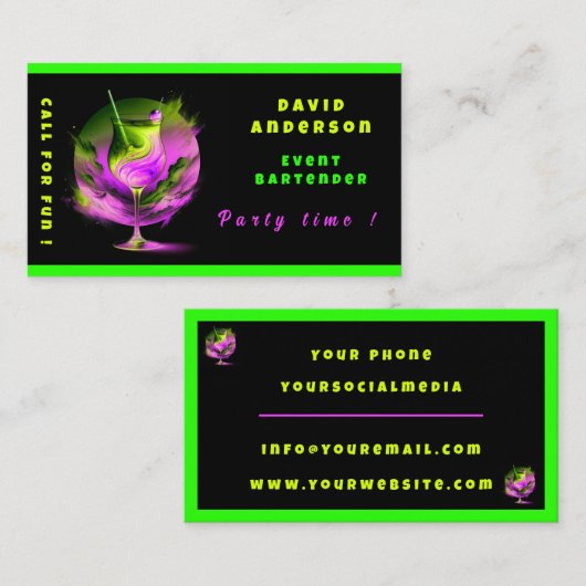 Moderne Neon Party Time gepersonaliseerde professi Visitekaartje (Voorkant / Achterkant)