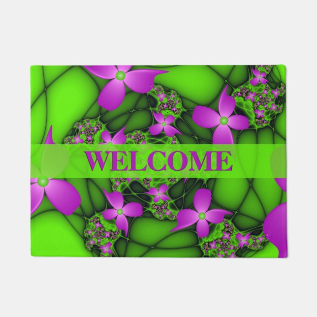 Moderne Neon Pink Green Fractal Art Flowers Welkom Deurmat (Voorkant)