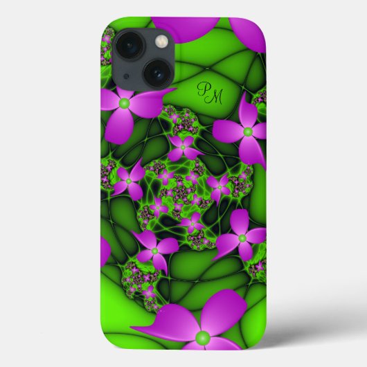 Moderne Neon Pink Green Fractal Flowers Monogram Case-Mate iPhone Case (Achterkant)