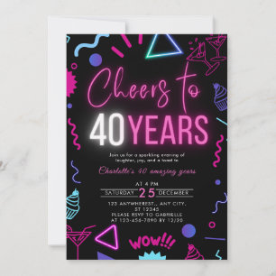 Moderne Neon Proost 40 Jaar 40ste Verjaardag Party Kaart