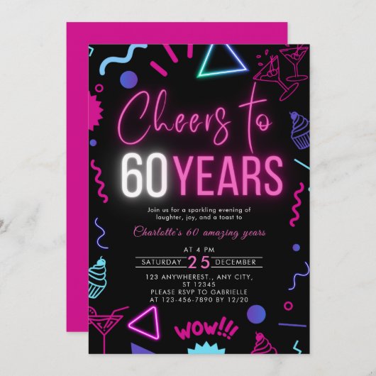 Moderne Neon Proost 60 jaar 60ste verjaardag Kaart (Voorkant / Achterkant)