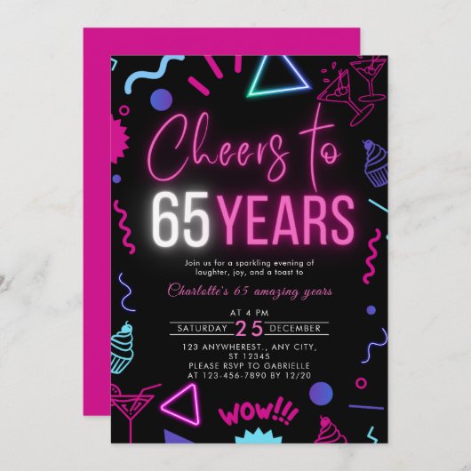 Moderne Neon Proost 65 jaar 65e verjaardag Kaart (Voorkant / Achterkant)