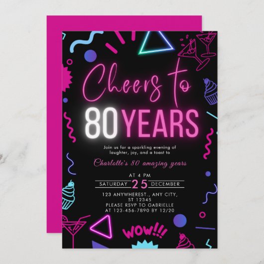 Moderne Neon Proost 80 Jaar 80ste Verjaardagsfeest Kaart (Voorkant / Achterkant)