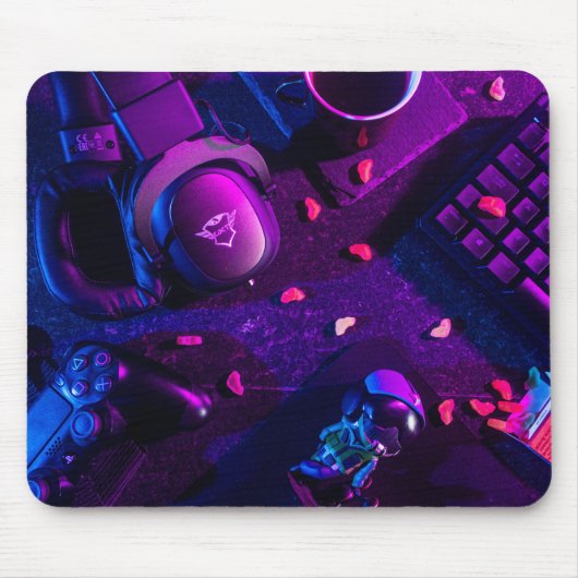 Moderne Neon RGB-gamingopstelling Flatlay-muispad  Muismat (Voorkant)