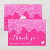 Moderne neon roze glitter druppelt orde dank u bedankkaart (Voorkant / Achterkant)
