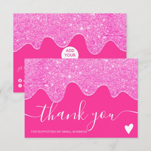 Moderne neon roze glitter druppelt orde dank u bedankkaart (Voorkant / Achterkant)