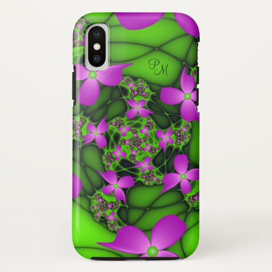 Moderne Neon Roze Groene Fractale Bloemen Monogram Case-Mate iPhone Case (Achterkant)