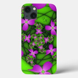 Moderne Neon Roze Groene Fractale Bloemen Monogram iPhone 13 Hoesje