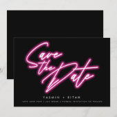 Moderne Neon Roze Script Zwarte Huwelijk Save The Date (Voorkant / Achterkant)