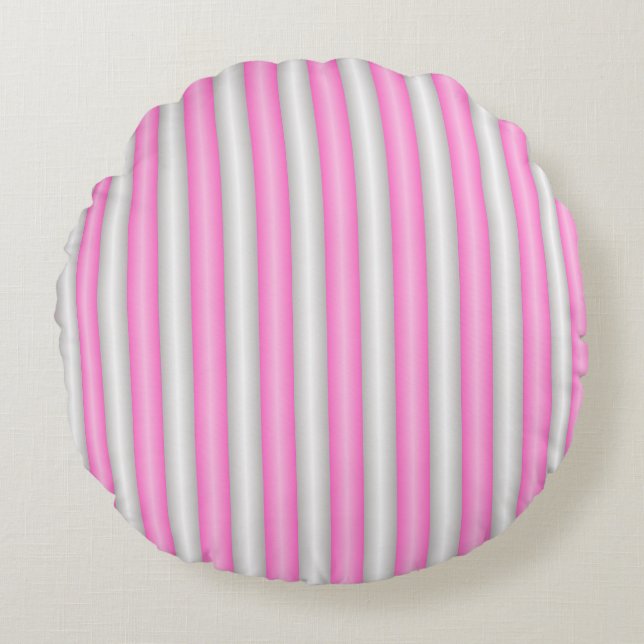 Moderne Neon Roze Strepen met 3D-Effect Rond Kussen (Voorkant)