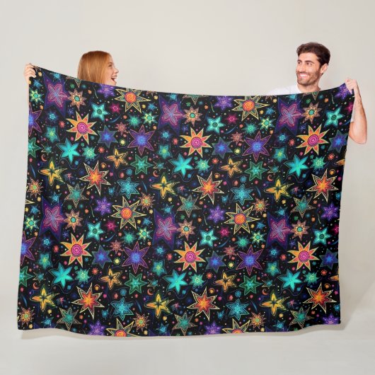 Moderne neon sterren op zwart fleece deken (In situ)