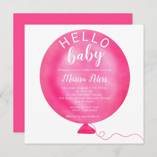 Moderne neonroze ballon waterverf baby shower kaart (Voorkant / Achterkant)
