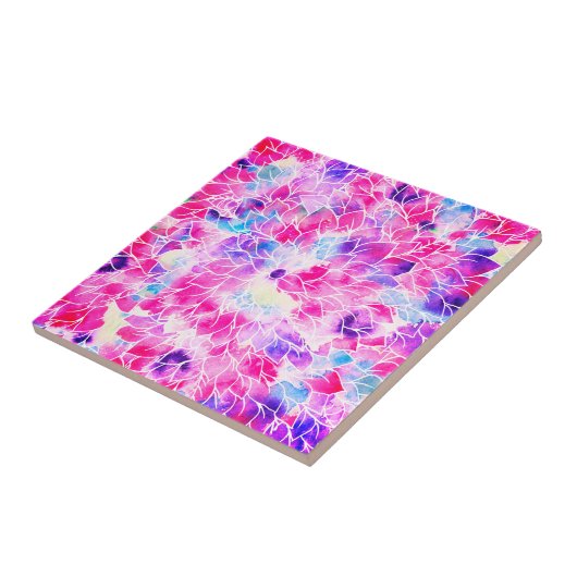 Moderne neonroze blauwgroen lila waterverf florale tegeltje (Zijkant)