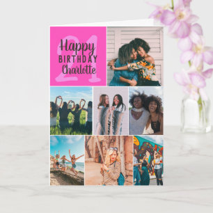 Moderne neonroze foto's collage grid 21 verjaardag kaart