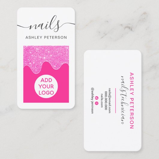 Moderne neonroze glitter druppelt roze nagelspijke visitekaartje (Voorkant / Achterkant)