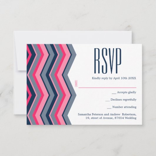 Moderne neonroze marineblauwe chevron bruiloft RSV RSVP Kaartje (Voorkant)