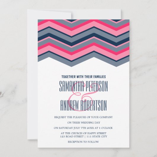 Moderne neonroze marineblauwe chevron Weddenschap Kaart (Voorkant)