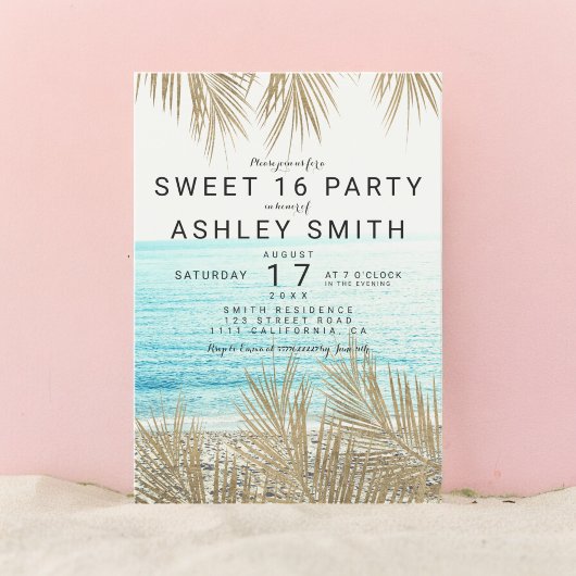 Moderne nepgouden palmboom strand foto Sweet 16 Kaart