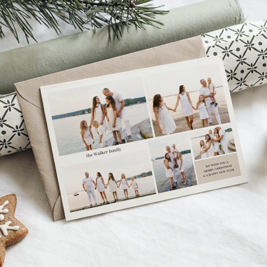 Moderne Neutral 5 foto Elegant Dubbelzijdig Feestdagenkaart