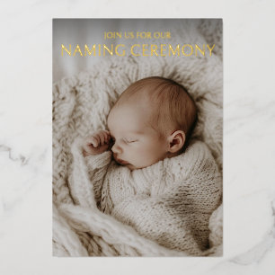 Moderne Neutral Baby Naming Ceremony Foto Goud Folie Uitnodiging