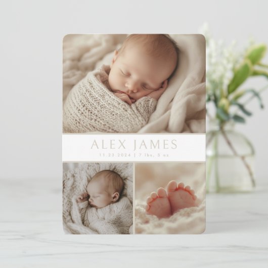 Moderne Neutral Boho Fotocollage Baby Geboorte Aankondiging (Staand voorkant)