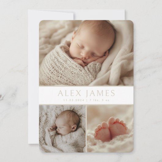 Moderne Neutral Boho Fotocollage Baby Geboorte Aankondiging (Voorkant)