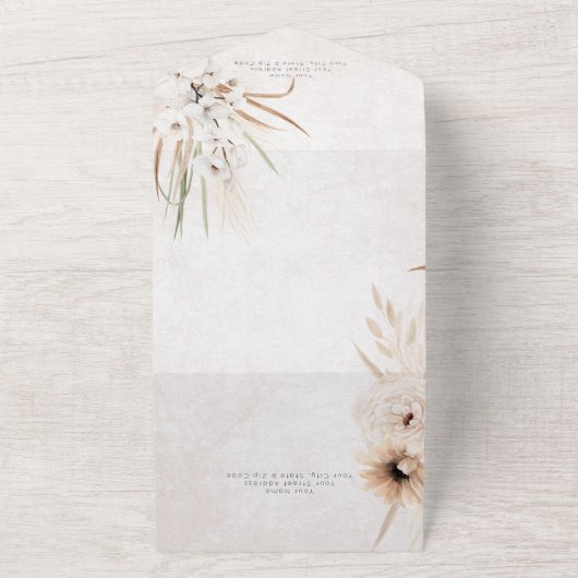 Moderne Neutrale Boho Bloem QR Code All In One Uitnodiging (Buitenkant)