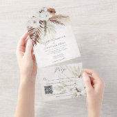 Moderne Neutrale Boho Bloem QR Code All In One Uitnodiging (Afscheurbaar)