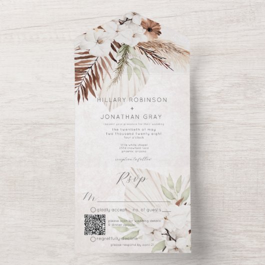 Moderne Neutrale Boho Bloem QR Code All In One Uitnodiging (Binnen)