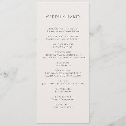 Moderne Neutrale Botanische Huwelijksprogramma's Programmakaart (Achterkant)