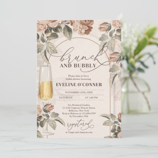 Moderne neutrale kleuren boho boog brunch en bubbe kaart (Staand voorkant)