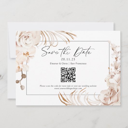 Moderne neutrale kleurflorale QR-code met de datum Save The Date (Voorkant)
