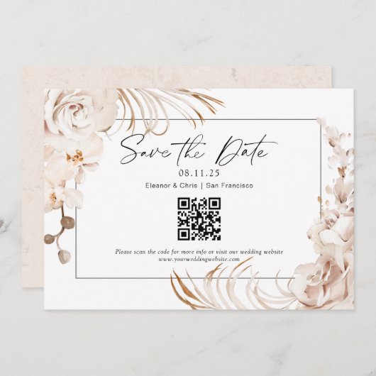 Moderne neutrale kleurflorale QR-code met de datum Save The Date (Voorkant / Achterkant)