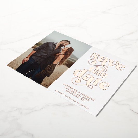 Moderne neutrale Roos Gold Foil Foto Save the Date Folie Uitnodiging (Gedraaid)