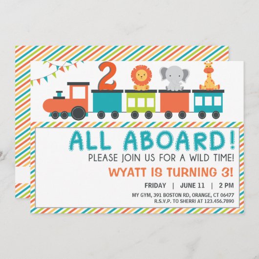Moderne Neutrale Safari Trein Verjaardag Uitnodige Kaart (Voorkant / Achterkant)