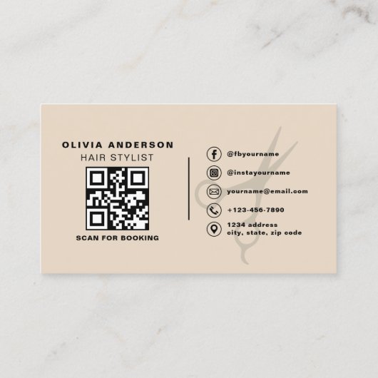 Moderne Neutrale Schaar QR Code Haarstylist Visitekaartje (Achterkant)