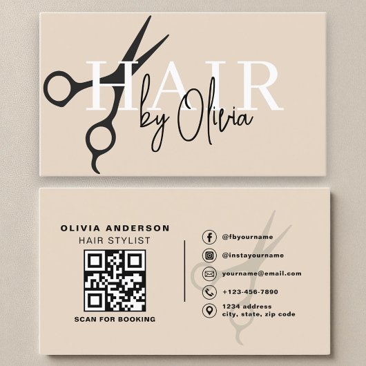 Moderne Neutrale Schaar QR Code Haarstylist Visitekaartje