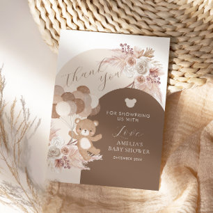 Moderne neutrale teddybeer babyshowerballonnen bedankkaart