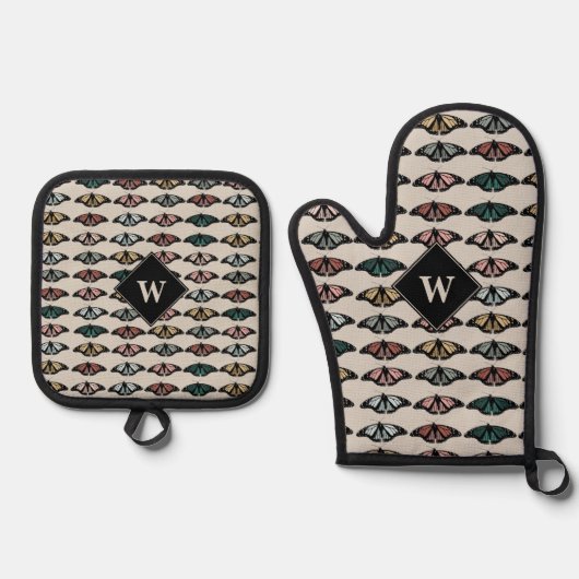 Moderne Neutrale Vlinders Tuin Patroon Monogram Ovenwant & Pannenlap Set (Voorkant)