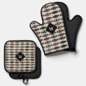 Moderne Neutrale Vlinders Tuin Patroon Monogram Ovenwant & Pannenlap Set (Voorkant / Achterkant)