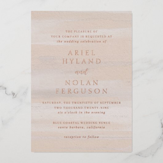 Moderne Neutrale Waterverf Elegant Huwelijk Folie Uitnodiging (Voorkant)