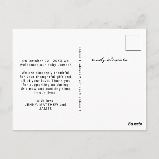 Moderne Nieuwe Baby Handgeschreven Foto Dank U Briefkaart (Achterkant)