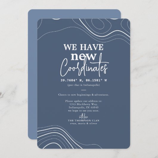 Moderne nieuwe coördinaten Blauwe Beweging Aankondiging (Voorkant / Achterkant)