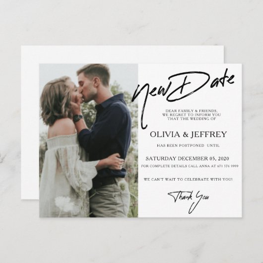Moderne Nieuwe Datum Fotobruiloft Aankondigingskaart (Voorkant / Achterkant)